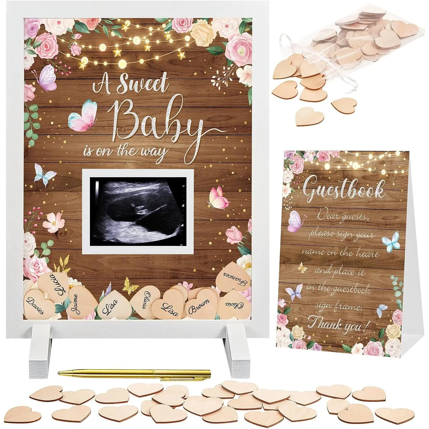Rustic  Floral  Shower Guest Book Alternatives Butterfly  Flower Guest Book Frame with Wooden Hearts for 60 Guests  Shower Sign   for Soon to Be Moms