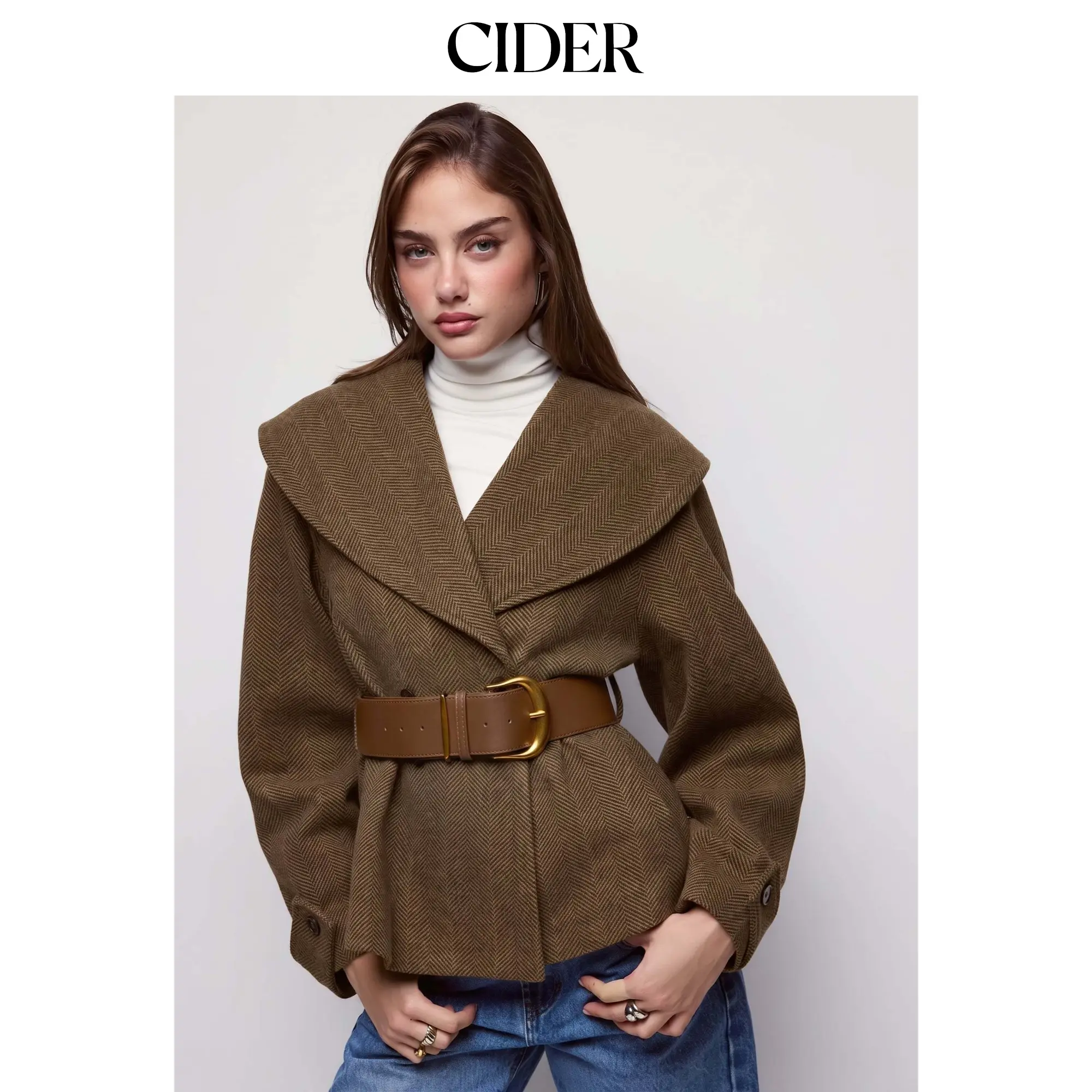 Cider Wool-look Herringbone Peplum Blazer With Belt