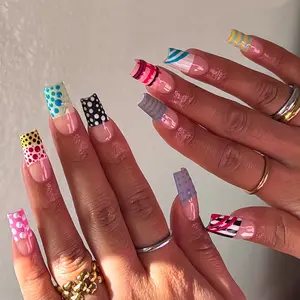 Transform Your Nails with 24 square colored dot acrylic press on nails summer dopamine colored line french tip nails suitable for women and girls, classic for everyday outings, shopping, parties, fake nails with jelly gel, 1 nail file, 1 nail file