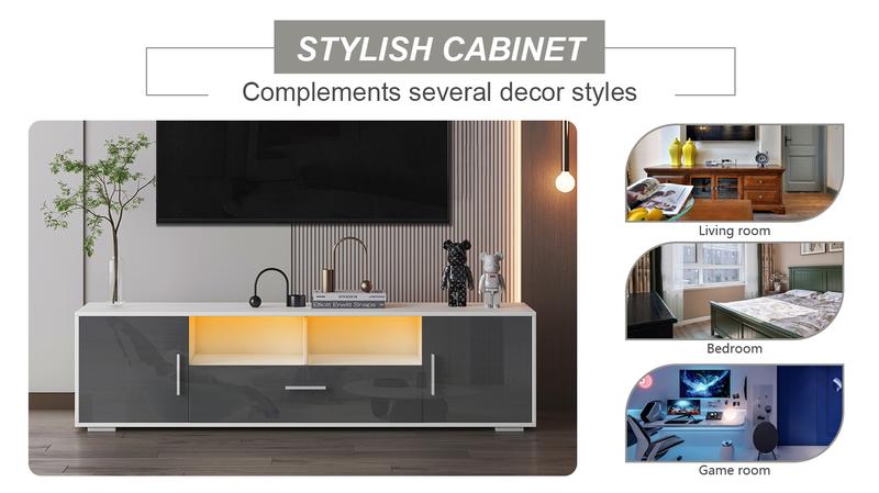 Modern LED TV Stand for 75 Inch TV, High Gloss 75 Inch TV Console Table, Mirrored Gray TV Entertainment Center with Storage Drawers and Lights for Living Room and Bedroom (Grey + White)