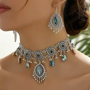 Vintage Bohemian Silver Plated Green Crystal Choker & Drop Earring Set Ethnic Tassel Bell Bead Tassel Pendant Ornate Filigree Jewelry Set Gypsy Festival Boho Party Accessories for Women Stainless Steel Layered Cross Necklace
