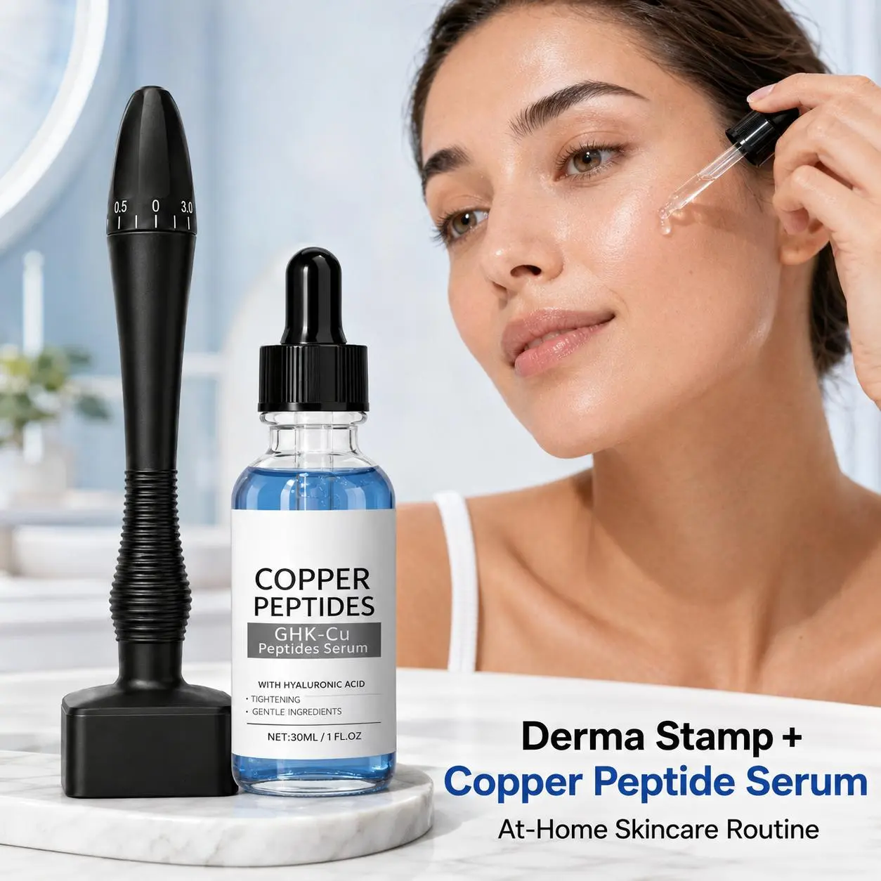 At-Home Derma Stamp Skincare Kit with Lightweight Gentle Daily Copper Peptide (GHK-Cu) Serum, Hyaluronic Acid for Skin Repair & Smooth Skin Routine Beauty Products, 30Ml, Tool, All Types, Unscented