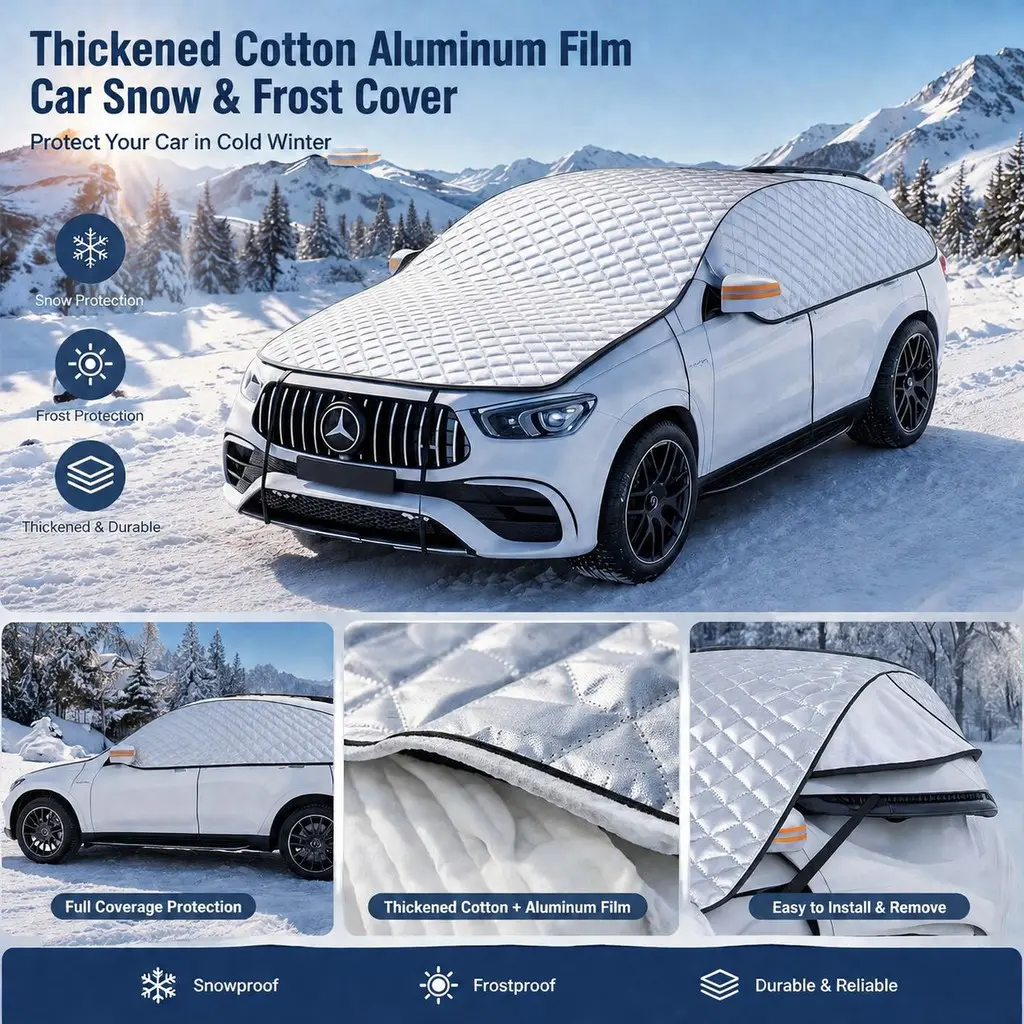 Four-Season Winter Car Windshield Cover, Thick Aluminized Sunshade Protector, Resistant to Snow, Frost, Rain, UV, for Cars, Suvs, Trucks