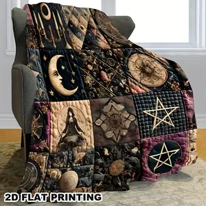 Classic Vintage Gothic Witch Quilted Flannel Blanket - Dark Fantasy 5-Pointed Star Moon Mystic Symbols Crochet, Wrinkle Resistant, Durable Super Soft Plush Geometric Accent Blanket, Suitable for Beds Sofas, All Seasons Gift for Vikanna Heretics