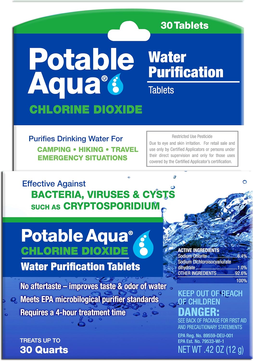 Potable Aqua Chlorine Dioxide PA Plus Water Purification Tablets Two Bottles Total 100 Count