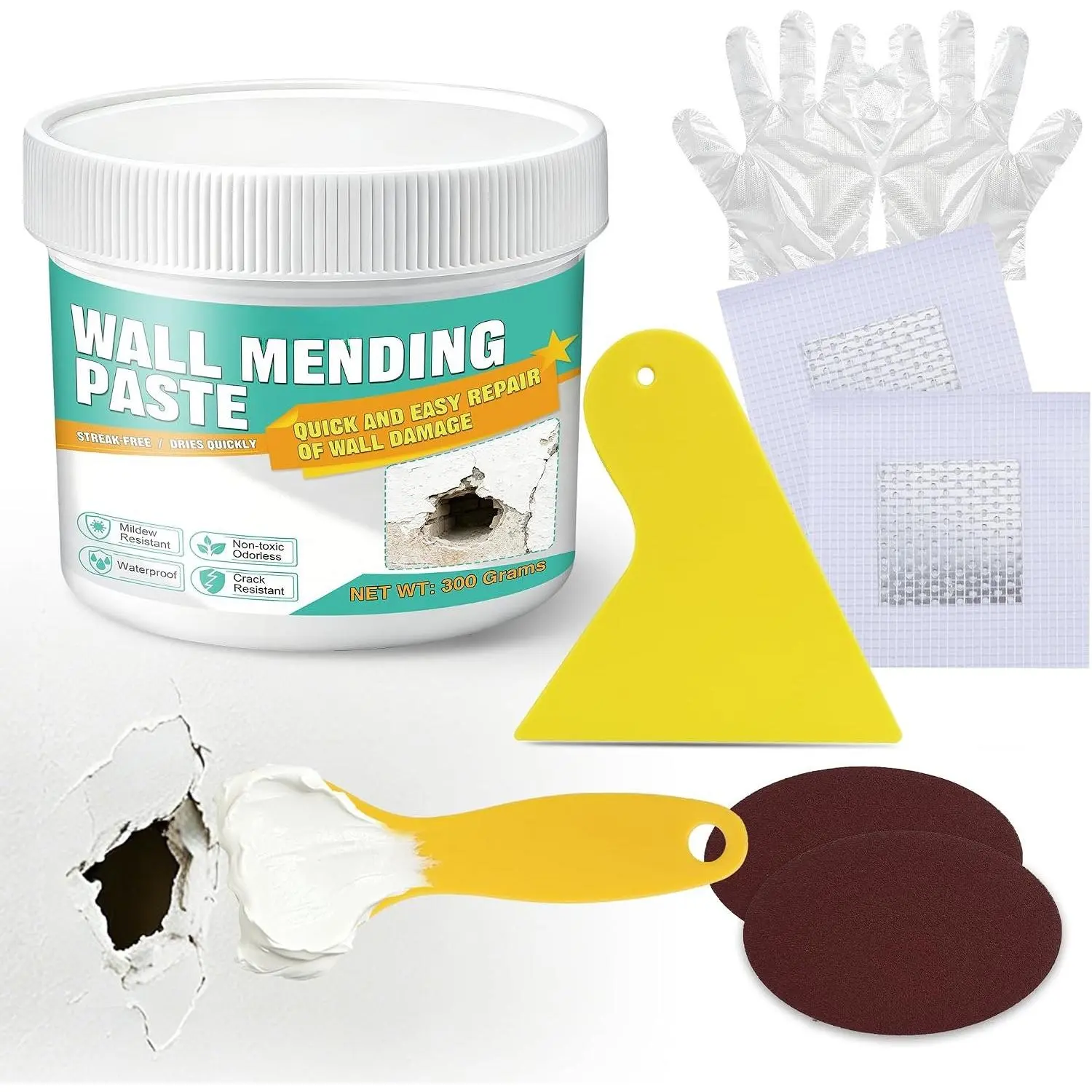 Drywall Repair Kit, 10.6oz White Spackle Paste, Patches, Scraper, Sandpaper |  crack-resistant filler for drywall, plaster, , stucco. Fix  holes, , cracks, stains, peeling walls.