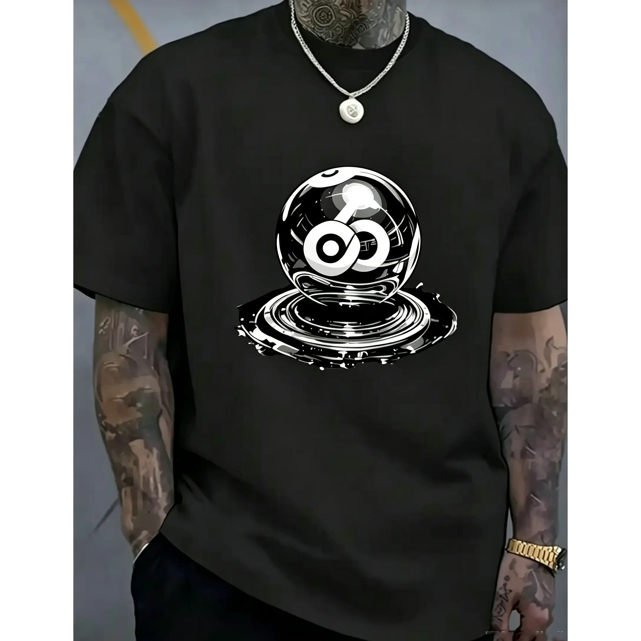 Men's Streetwear T-Shirt with 8-Ball Graphic Print, Loose Fit Drop Shoulder Pullover, Round Neck