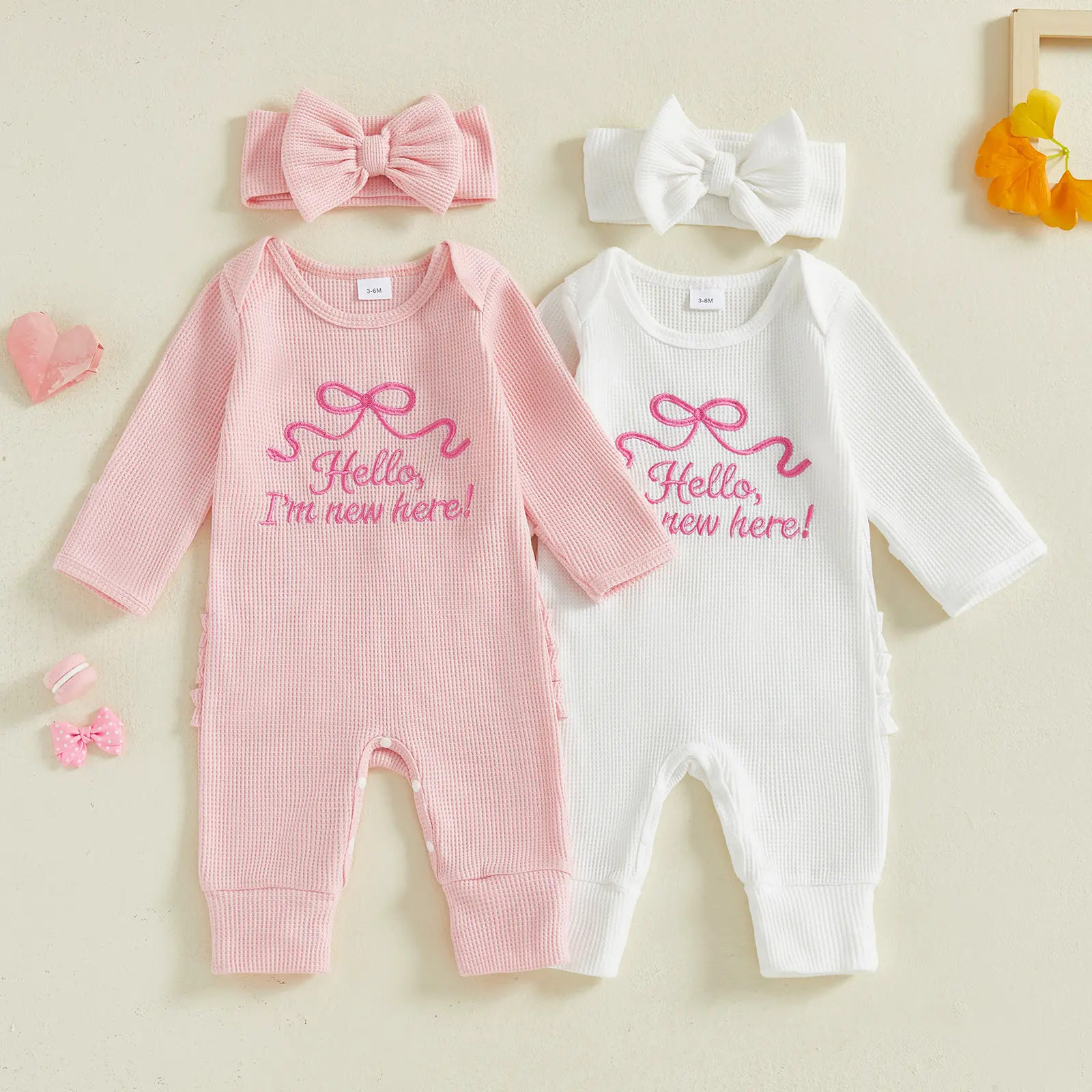 Nebworn Baby Girl Clothes Hello i'm new Here Letter Embroidered Waffle Jumpsuit Long Sleeve Knit  Outfit with Headband Set