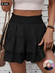 Women Spring Summer 2026 New Arrival Elastic High Waist Tiered Ruffle Mini Skort, Flowy Lightweight Layered Cake Skirt, Summer Casual Beach Swing Short Skirts with Liner