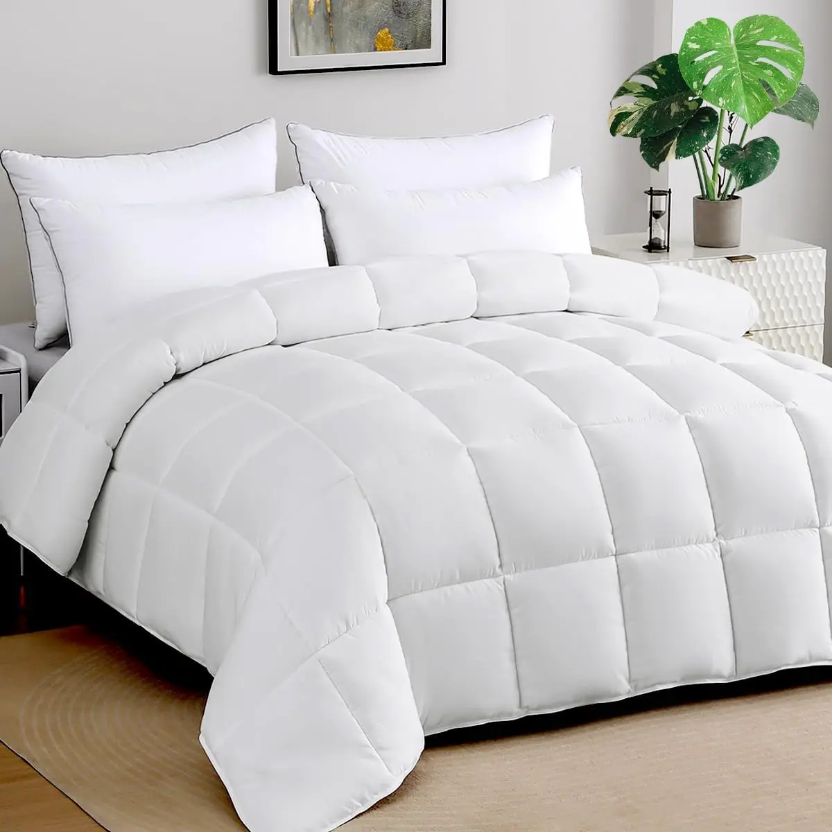 Soft Super   Comforter 120"x120" - Cloud Soft Marshmallow Puff Lightweight Quilted Down Alternative,  Breathable Microfiber Duvet Insert w/8 Tabs,  , White