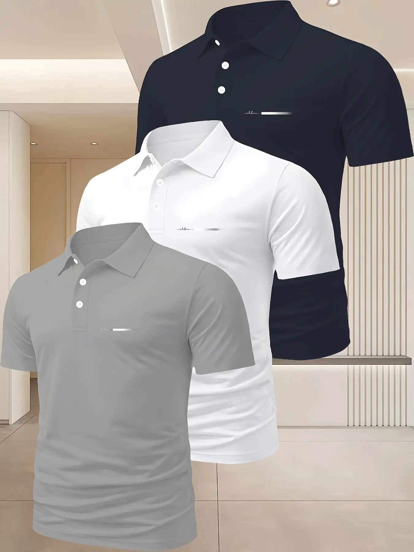 Summer Men's Polo Shirt Set, Three-Piece Collared Short Sleeve Top, Breathable Quick-Dry, Suitable for Business and Casual Wear