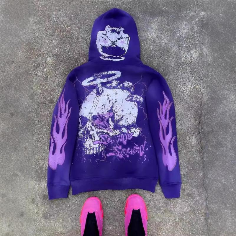 Streetwear Zip Hoodie Vintage Harajuku Cartoon Print Oversized Sweatshirt