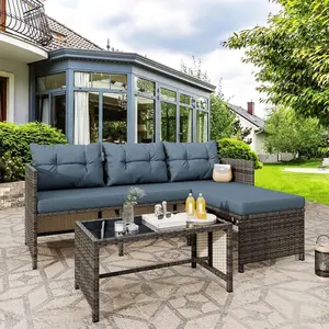 3 Pieces All Weather Wicker Patio Furniture Sets Outdoor Sectional Sofa Couch Small Conversation Set with Cushion Glass Table for Patio Garden Small Outdoor Spaces