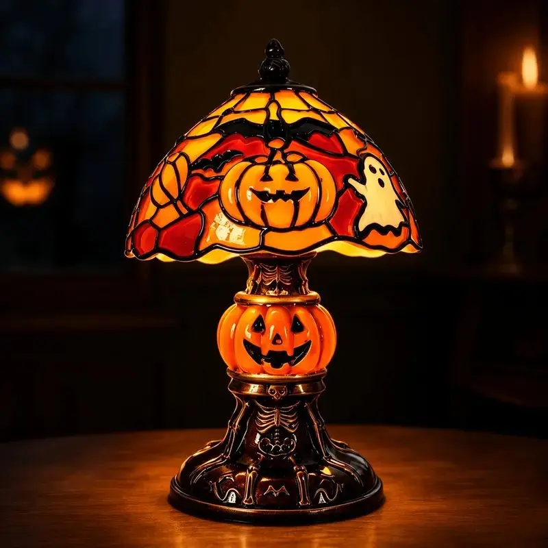 Retro Pumpkin Bat Pattern Desk Lamp – Vintage Glow Night Light for Bedroom/Living Room, Cozy Halloween Decor Gift for Home Stylists, Haunted Vibe, Indoor Decorative Light