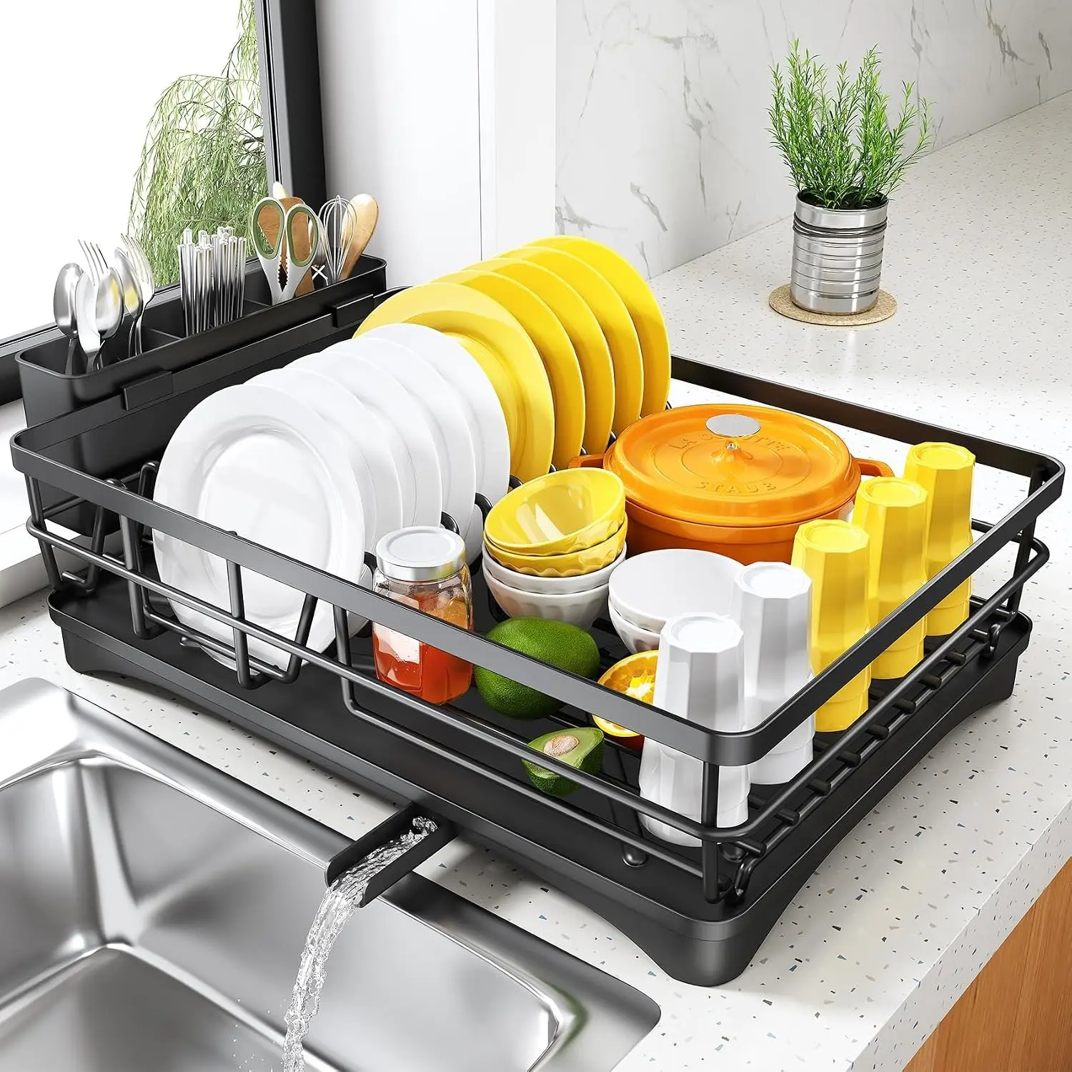 Dish Drying Rack for Kitchen Counter, 11.8" W x 16.7" L, Black | Rustproof Stainless Steel, Large Capacity, Self-Draining Drainboard, Rotating Spout, Removable Utensil Holder