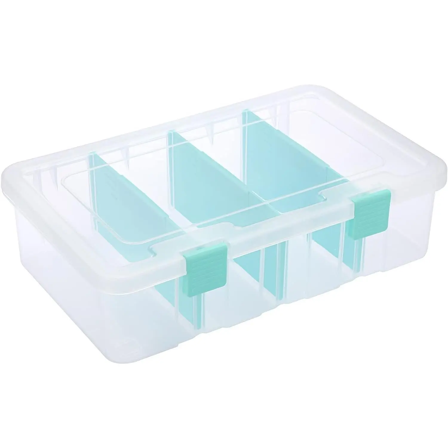 Clear Plastic Dividing Storage Box with 4 Compartments Adjustable Storage Bin with Lid Plastic Craft Storage Container Multipurpose Sewing Box Art Supply Organizer, 13.3x8.1x3.4 Inches