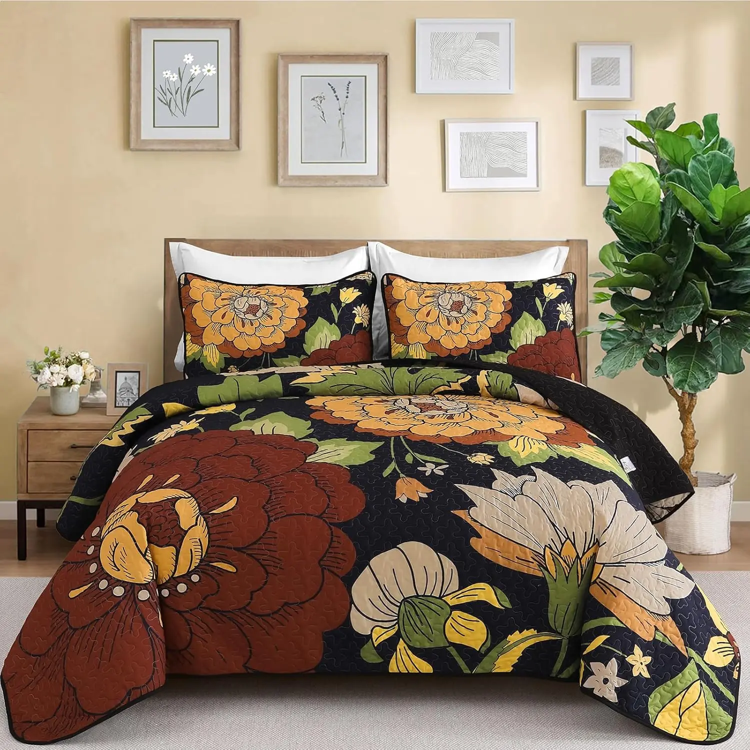 Floral Set Queen Size Black Boho Bedspread Coverlet Set 3 Pieces, Botanical Lightweight Microfiber Farmhouse Floral Bohemian Bedding Set with 2 Pillow Shams for All Season (96''x90'')