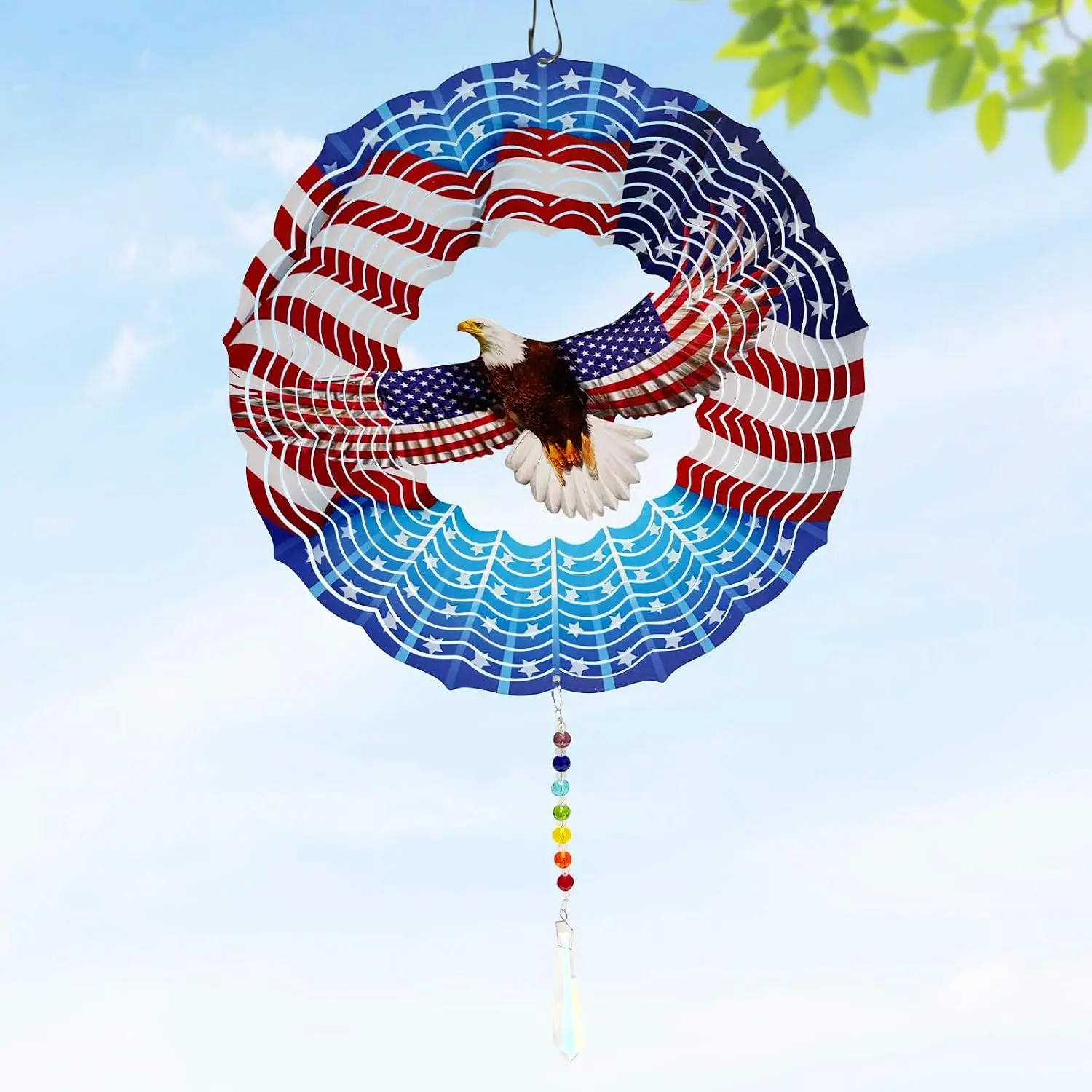 American Eagle Wind Spinner Crystal Tail, 10 inch 3D Stainless Steel Hanging Wind Spinner Metal Wind Catchers Kinetic Sculpture for Indoor,Outdoor Garden Decor,Yard Art
