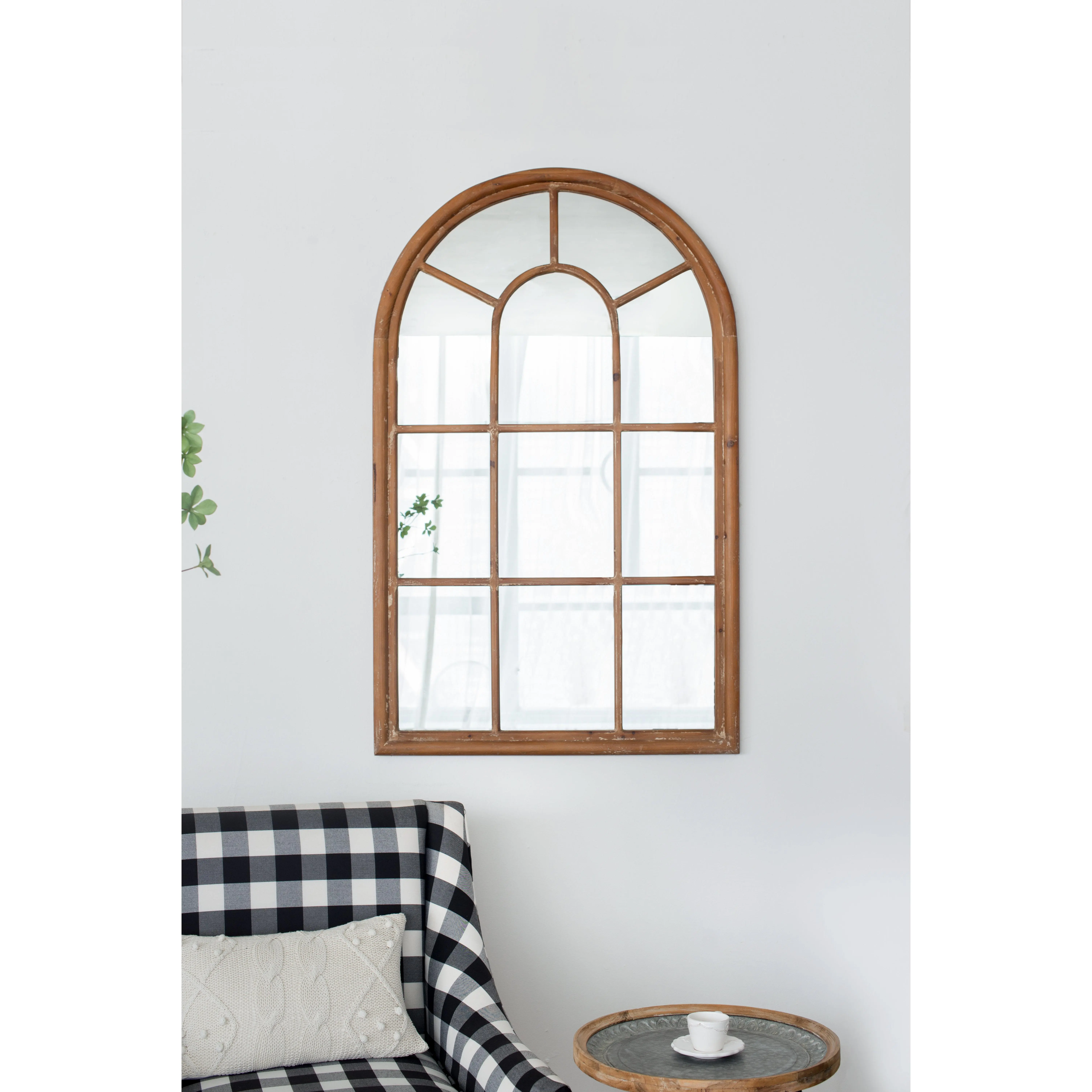 Nokaa 34x54.3in Arch Accent Mirror, Brown Solid Fir Wood Frame, Classic Architecture Window-Look Decorative Wall Mirror for Living Room, Bedroom Home Decor