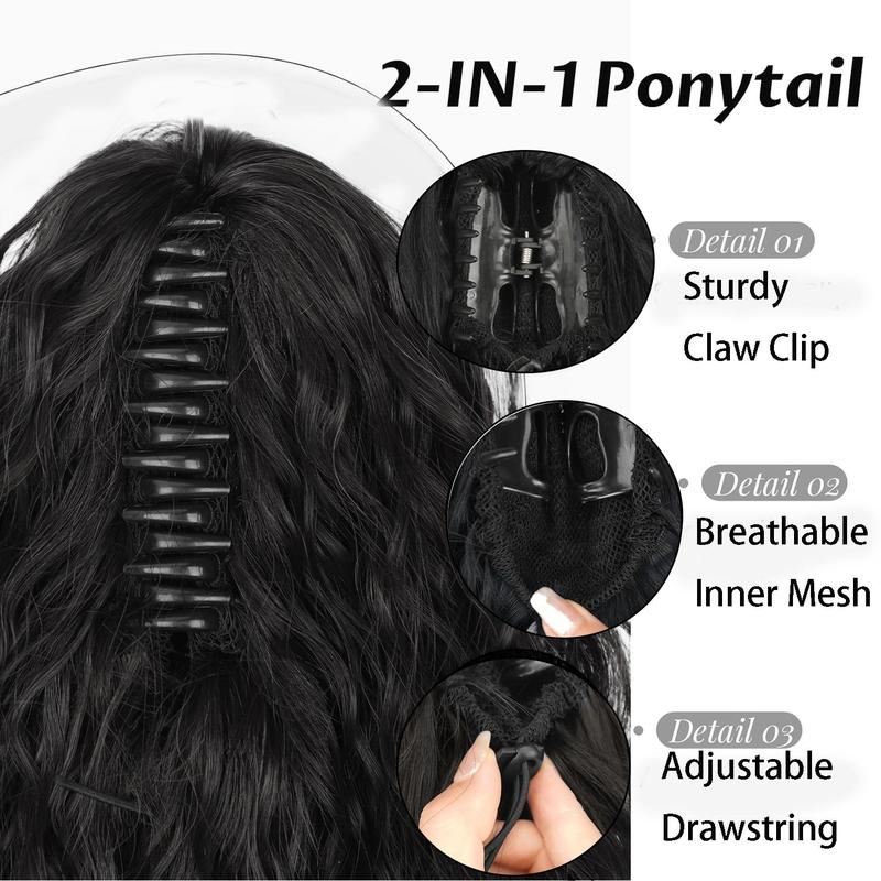 32 Inch Curly Wave Ponytail for Women Long Water Wave Claw Fake Tail Extensions Natural Looking Synthetic Black Fluffy Curly Ponytail Hairpiece for Daily Party Use