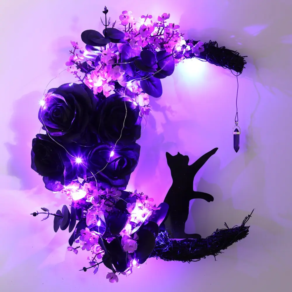 LED Light Up Crescent Moon Cat Halloween Wreath, Natural Rattan Dead Branch Garland With Artificial Black Rose, Gothic Front Door Wall Hanging Ornament, Indoor Outdoor Haunted House Party Decor, Reusable Holiday Atmosphere Gift, Festive Decoration
