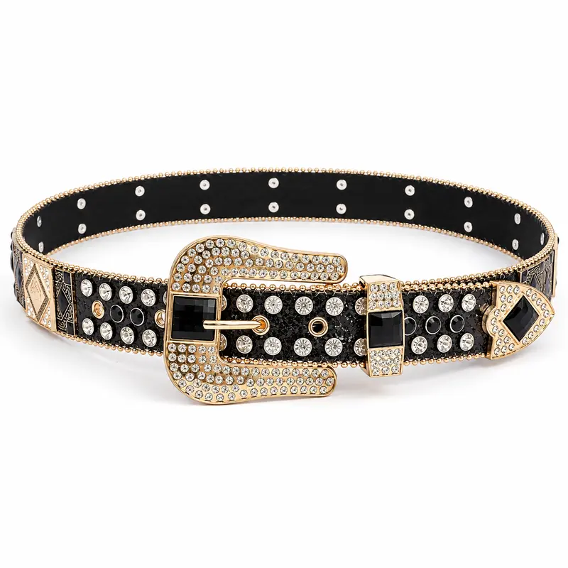 Women's Y2K Streetwear Rhinestone Hip Hop Belt - Top-Grain PU Leather, Fashionable Metal Buckle, Rust-Resistant, Infinitely Adjustable Ratchet Strap, Bling Waist Chain, Cast Iron Accent, Durable, for Jeans Dress Casual Use