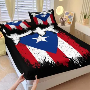 3Pcs Boricua Pride Puerto Rico PR Flag Fitted Sheet Set, 1 Fitted Sheet + 2 Pillowcases, Patriotic Retro Street Art Print, Soft Microfiber Deep Pocket All Season, Bold Streetwear Bedroom Dorm Decor, Gift for Puerto Rican Culture Lovers