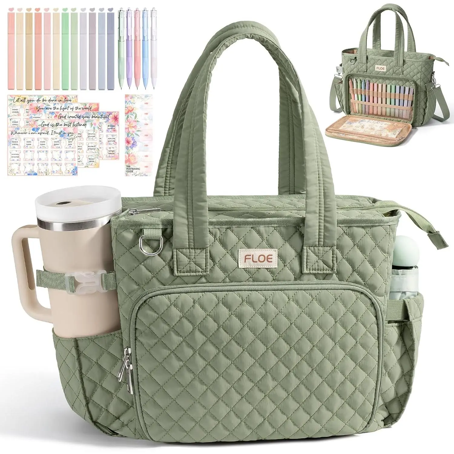 Large Bag for Cover Case, Quilted Puffer Tote Bag Bag w/Shoulder Strap, Study Supplies Journaling Kit Accessories Pen Tabs, Christmas Christian Gifts for Mom