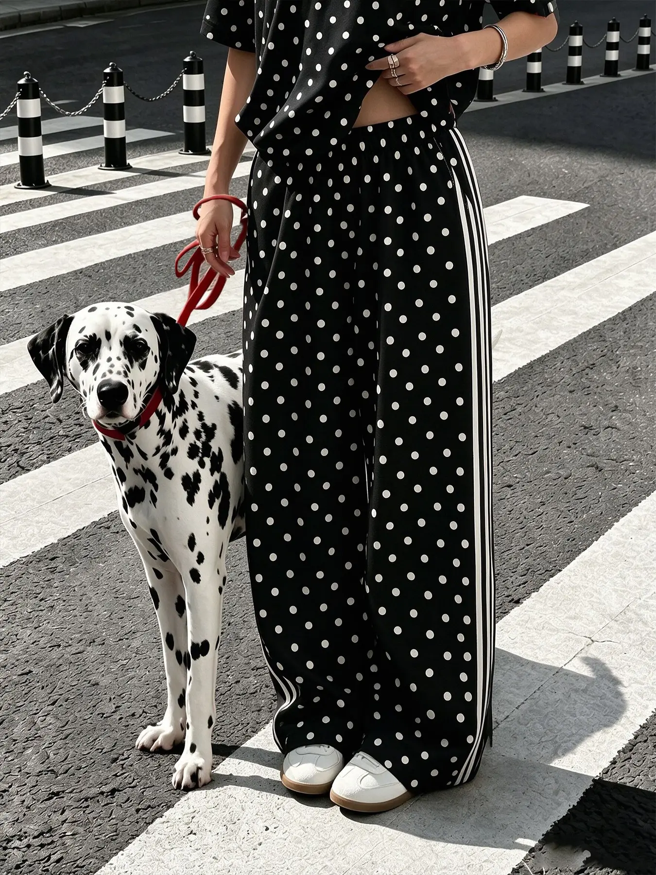 Women's Black Polka Dot Side Stripe Casual Pants | Soft, loose, comfortable, and breathable fabric, trendy street style, perfect for lazy days at home, going out, or commuting Casual Style Bottoms #PolkaDotStripePants