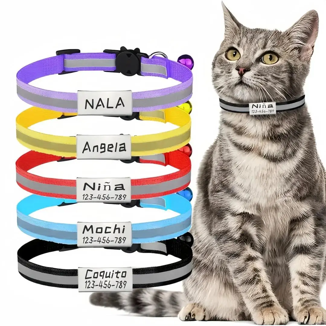 Personalized Reflective Nylon Cat Collar for Kittens & Pups, Universal Fit, Adjustable Safety Breakaway Buckle, Detachable Steel ID Tag, Free Engraving & Shipping | Pet Collars & Harnesses