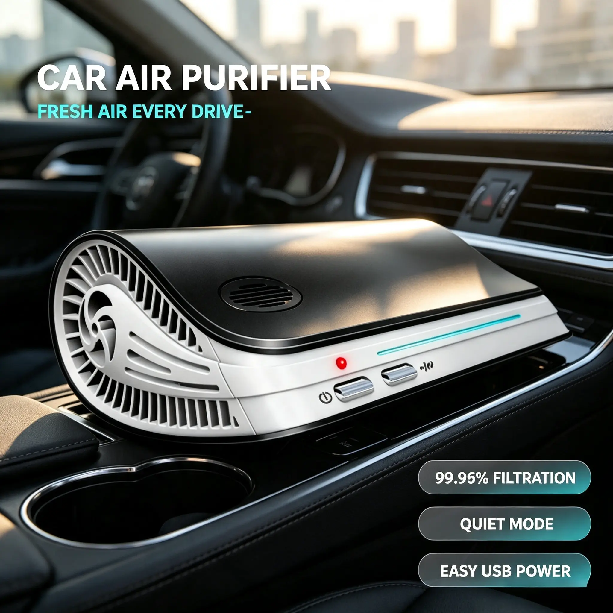 12V Vehicle Air Purifier with HEPA & Nano Silver Ion Filter, Compact ABS Plastic Unit, Left-Right Flow, Low Noise, Dual USB Ports, Odor Smoke PM2.5 Remover for Sedan/SUV Vehicle Interior, Compact Unit