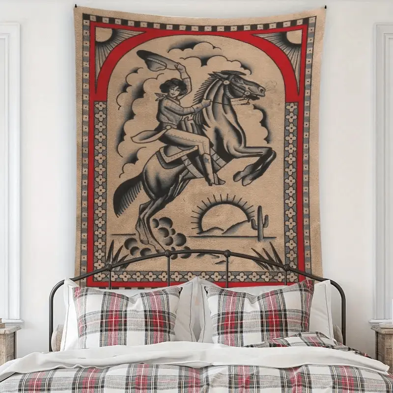 1pc Polyester Western Cowboy Riding Horse Tapestry, Vintage American Southwest Style Wall Hanging, Bohemian Home Decor Artwork, Elegant Design Historical Scene Printed Fabric Tapestry for Living Room and Bedroom with Free Installation Kit