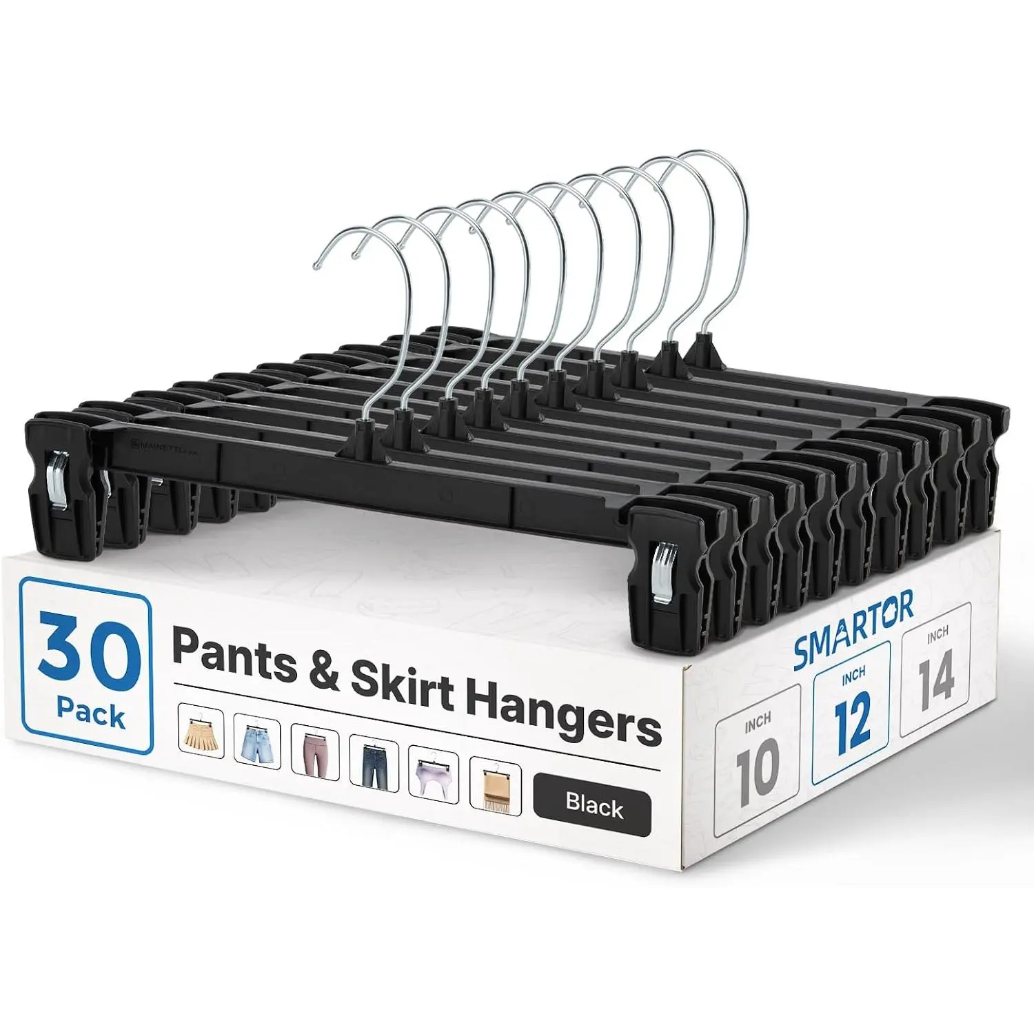Smartor Black Pants Hangers 30 Pack, Plastic Hangers with Clips, 12 Inch | Versatile Bottom Hangers for Skirts, Shorts, Jeans and Trousers; Non-Slip Clips and Swivel Hooks Organize Everyday Closets