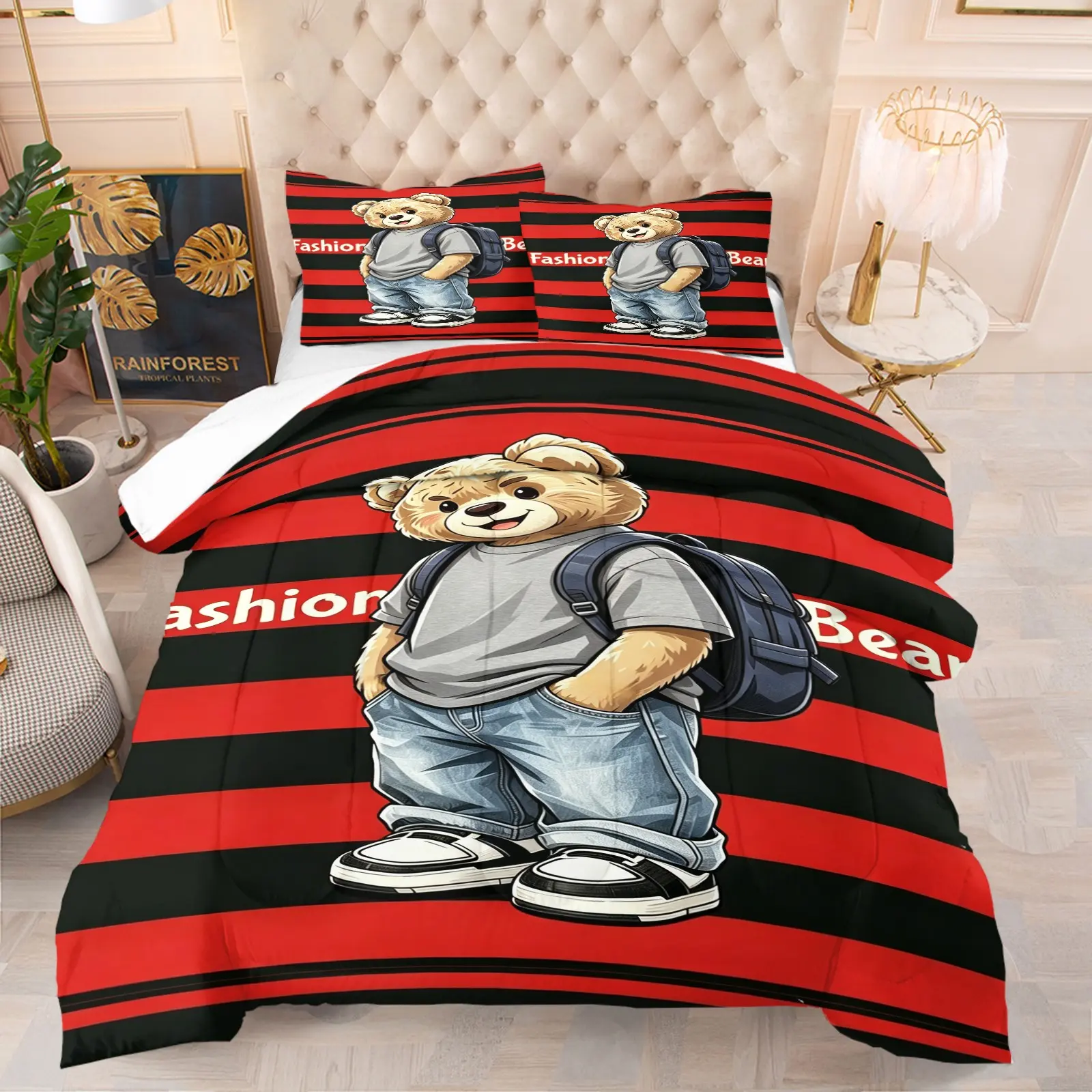 Fashionable teddy bear printed pattern bedding set, including 1 blanket and 1 or 2 pillowcases without pillowcases, soft children's and adult bedroom decoration gifts