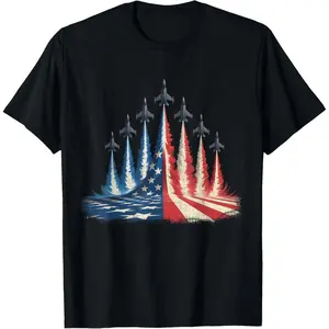 Men's Short-Sleeve T-Shirt, Menswear Top with Fighter Jet & American Flag Design, Comfortable Fabric for 4th of July Independence Day Celebrations, Casual Summer Wear # FunnyTshir # TrendyTee