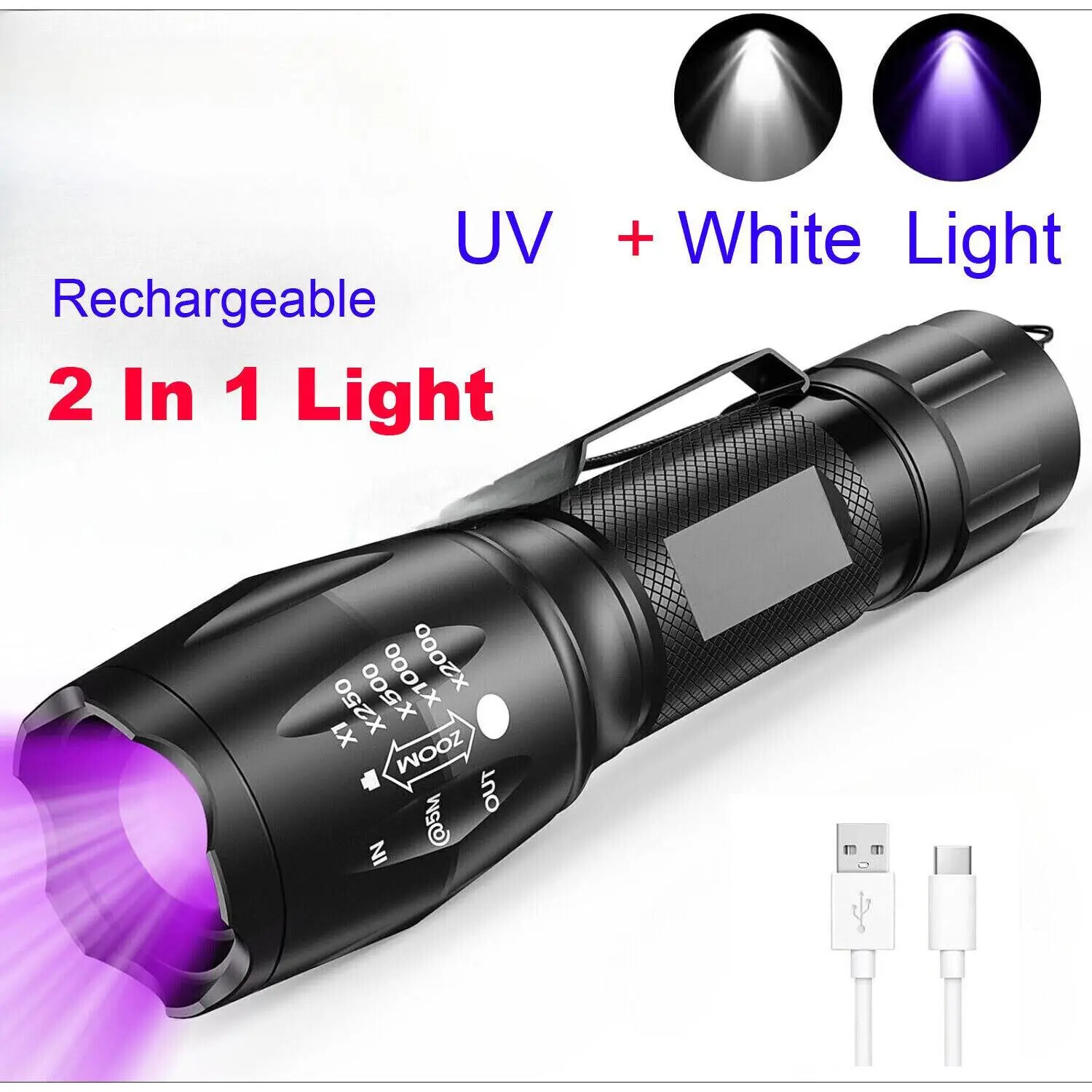 2-in-1 Rechargeable Portable Zoom Flashlight - 395nm UV Lamp, Waterproof White LED Torch with Wrist Strap, Aluminum Alloy Anti-Slip Surface, Built-In Battery, USB Charging for Camping, Hiking, Detects Currency