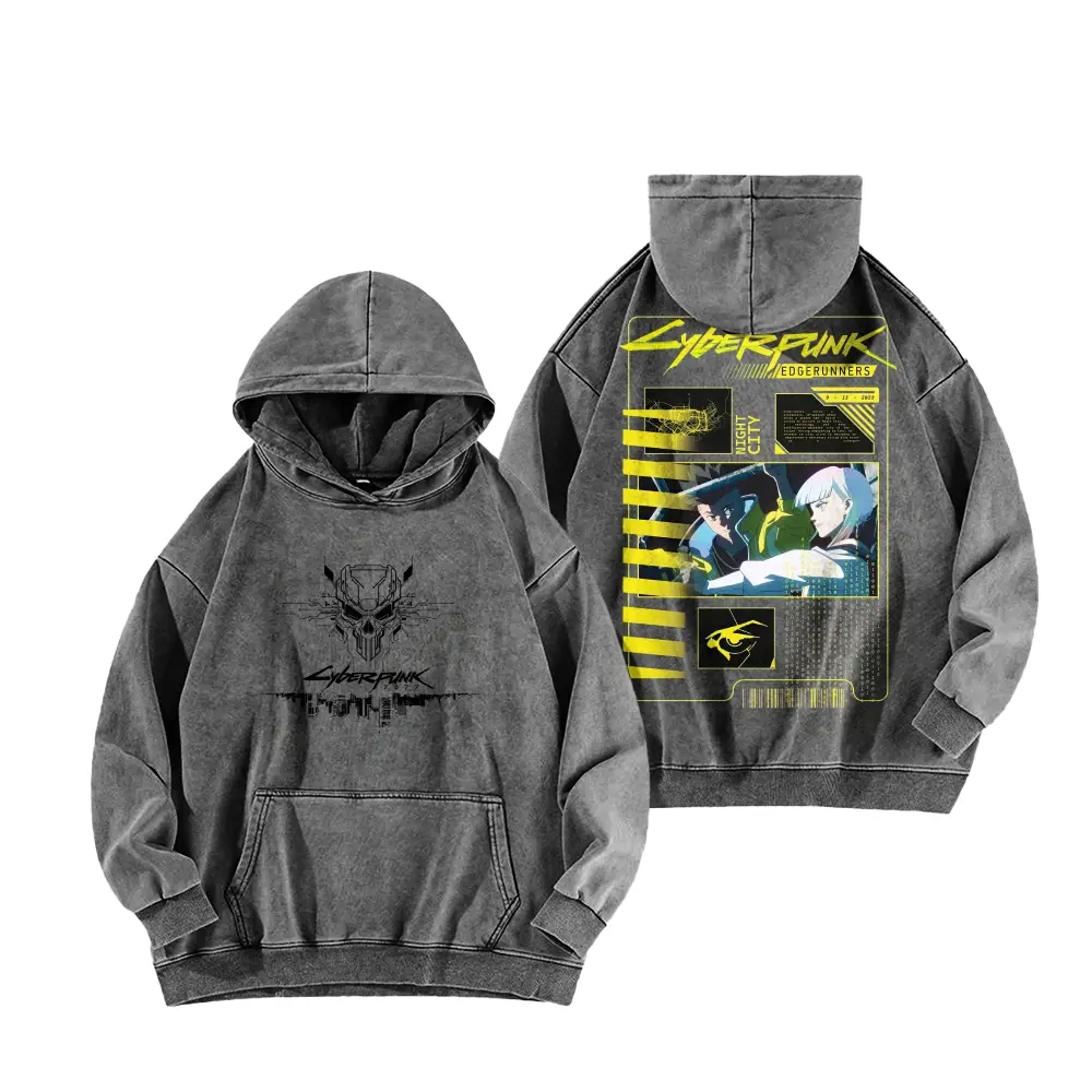 Men Women Multiple Color Vintage Distressed Washed Hoodie Cyberpunk Edgerunners Double Sided Manga Print Streetwear Oversized Pullover Sweatshirt