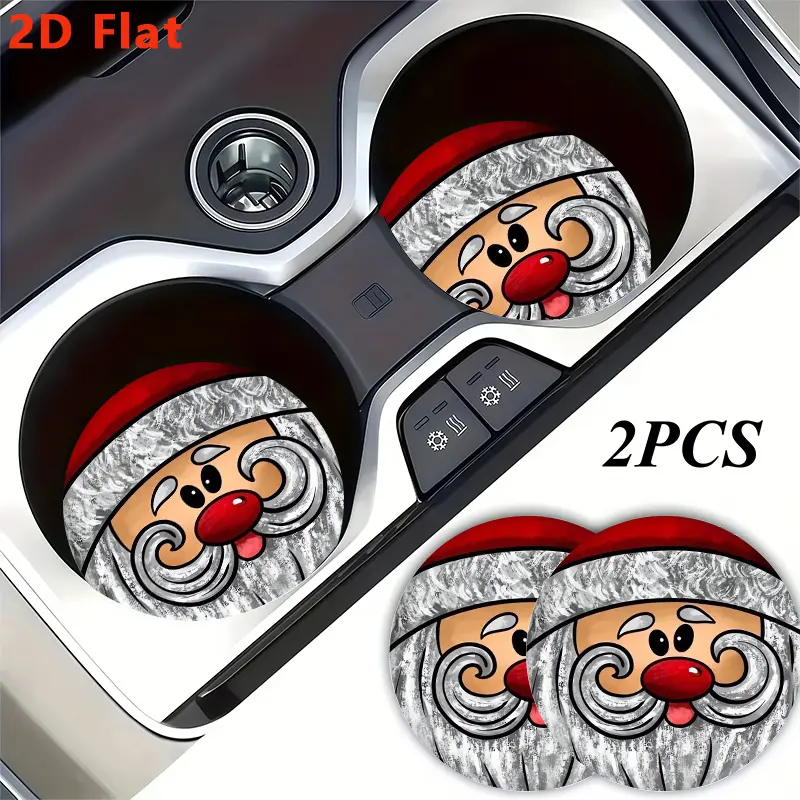 2pcs 2D Flat Non-Slip Car Cup Holder Coasters with Cute Santa Claus Print Suitable for Vehicle Drink Holders, Dashboard Protectors, Ideal Christmas Gifts for Men & Women, Coaster for Car Interior, 2D Flat