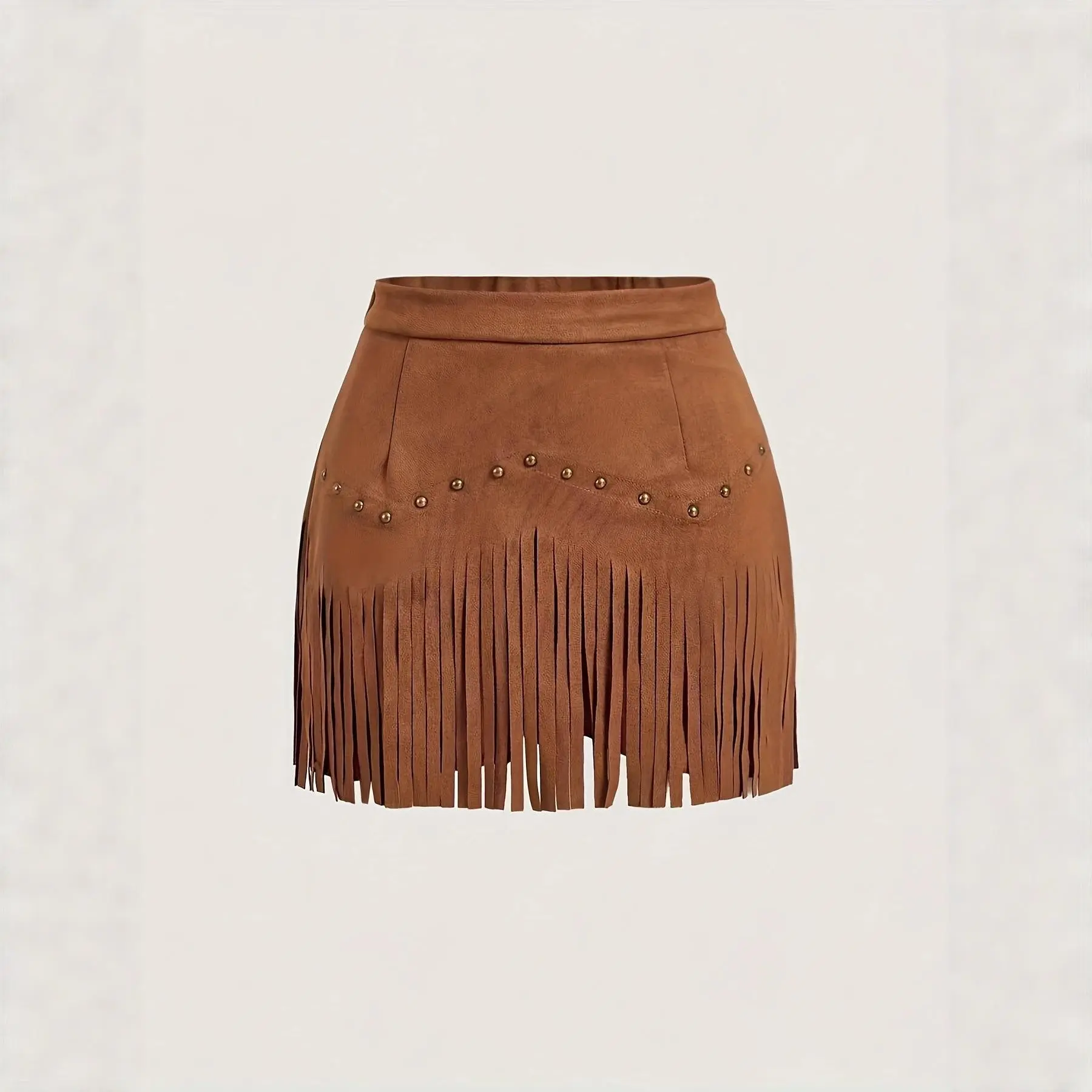 2025 Women's Vintage Rivet Tassel Imitation Suede A-shaped Skirt