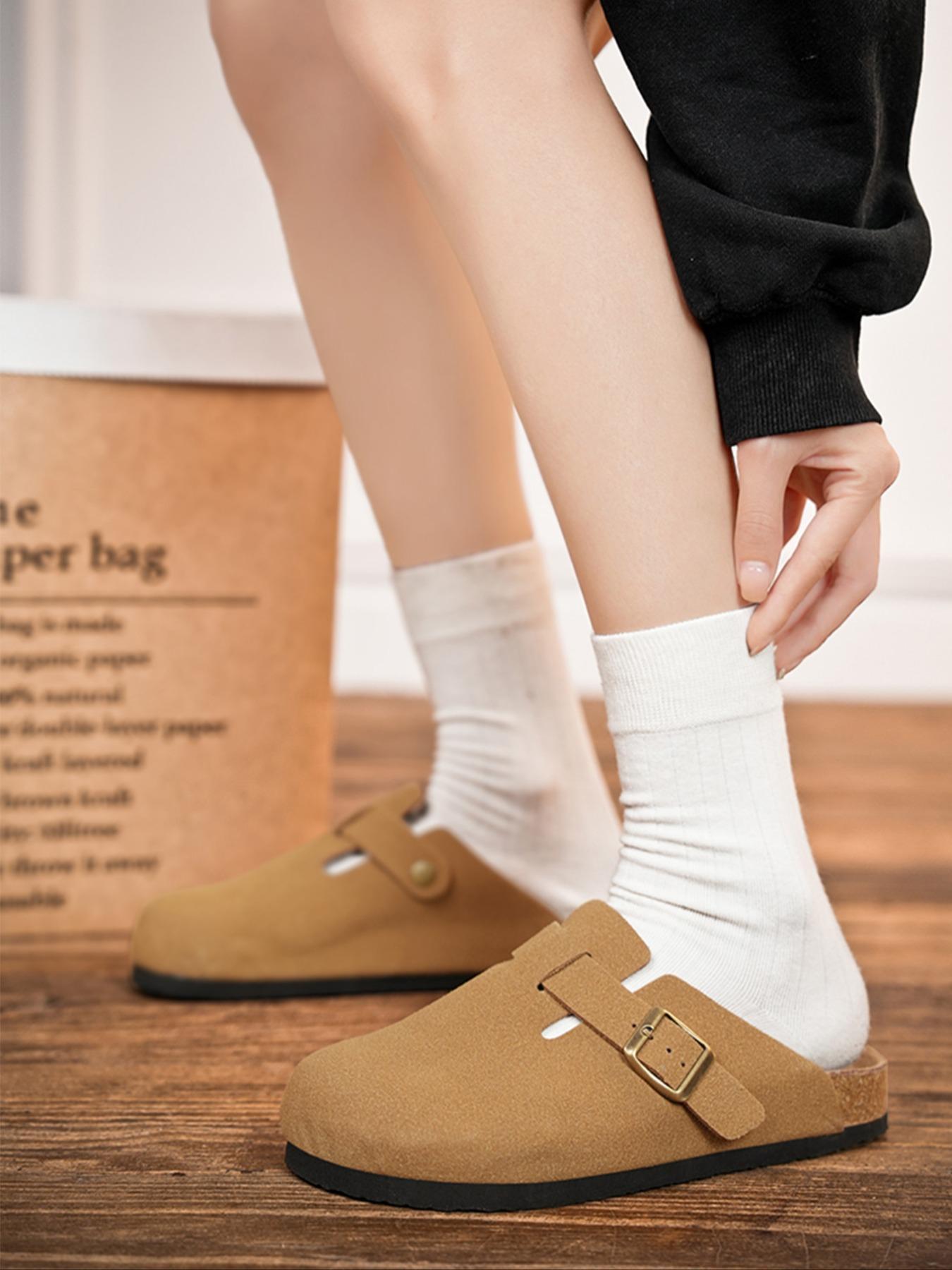 Unisex Cork Heel Clogs, Casual Comfortable Suede Fashion Slippers with Adjustable Buttons, Outdoor Slip-ons and Walking Shoes, Footwear, Flat Shoes, Minimalist Clogs