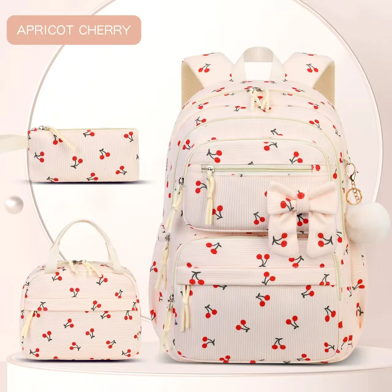 3pcs Cherry Print Backpack Combo, School Backpack Set With Meal Bag Stationery Pouch Bow Decor Pom Pom Pendant Multi-Layer Zipper Compartments Padded Adjustable Shoulder Straps Large Capacity for Campus Study Daily Commute Weekend Outdoor Trip