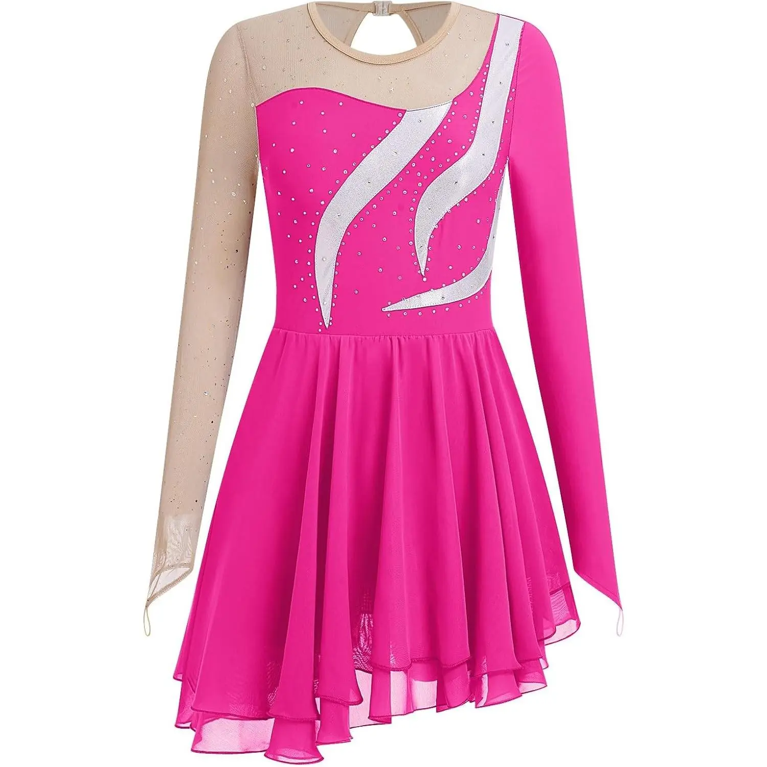 Ice Skating Dress for Women Long Sleeve Figure Skating Costume Rhythmic Gymnastics Leotard Sparkly Chiffon Skirt