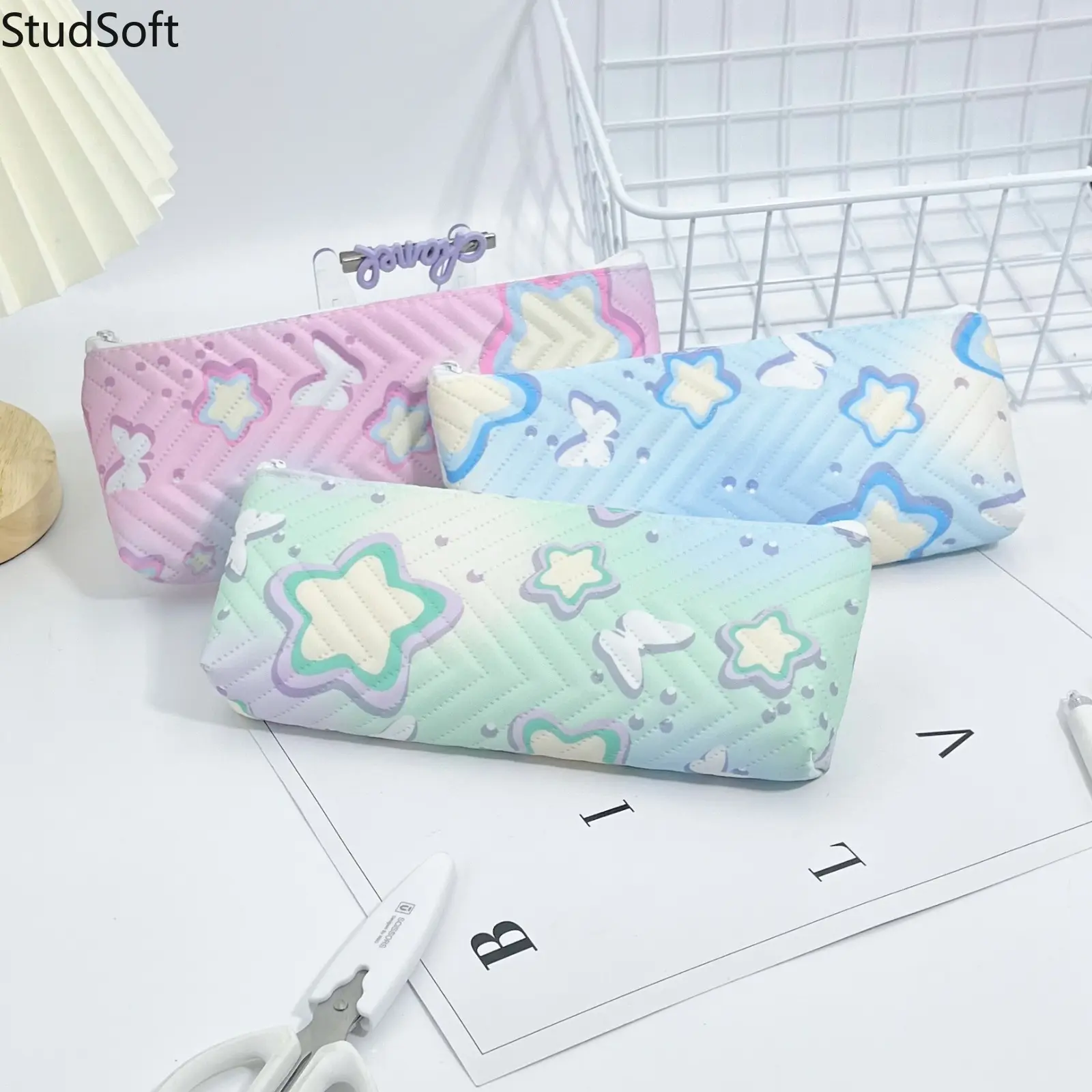 3Pcs Pastel Pencil Case Set Back to School Season Gift Cute Quilted Star Pen Bag Rainbow Gradient Zipper Pouch High Capacity Stationery Organize