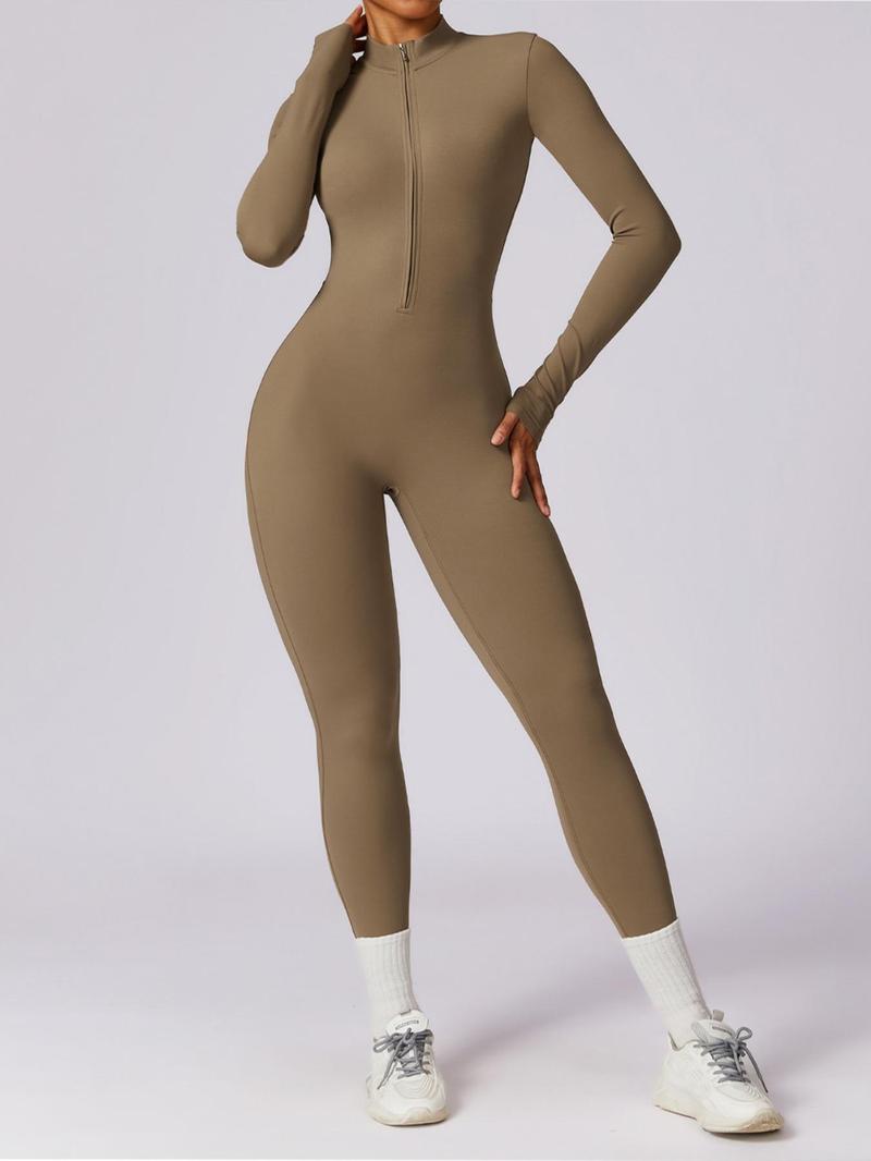 Women's Solid Zip Up Long Sleeve Sports Jumpsuit, Casual Sporty Comfy Jumpsuit for Yoga Gym Workout, Ladies Sportswear for All Seasons, All Season Activewear