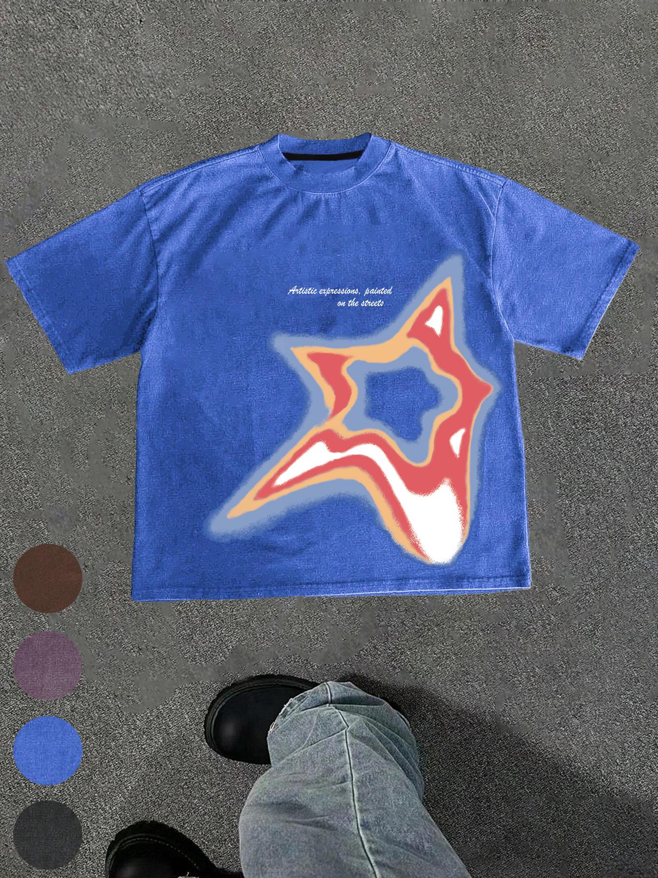 Men's Star Print Round Neck Tee, Regular Fit Casual Street Short Sleeve T-shirt for Summer, Men's Top for Daily Wear, Streetwear