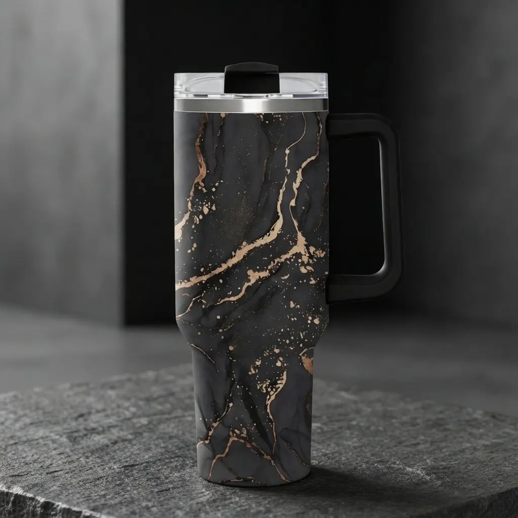 40oz  Black Marble Insulated Vacuum Tumbler 1pcs with Handle & Lid, Leakproof Stainless Steel Water Bottle, Stylish Reusable Coffee Mug for Office & Gym, Water Bottles