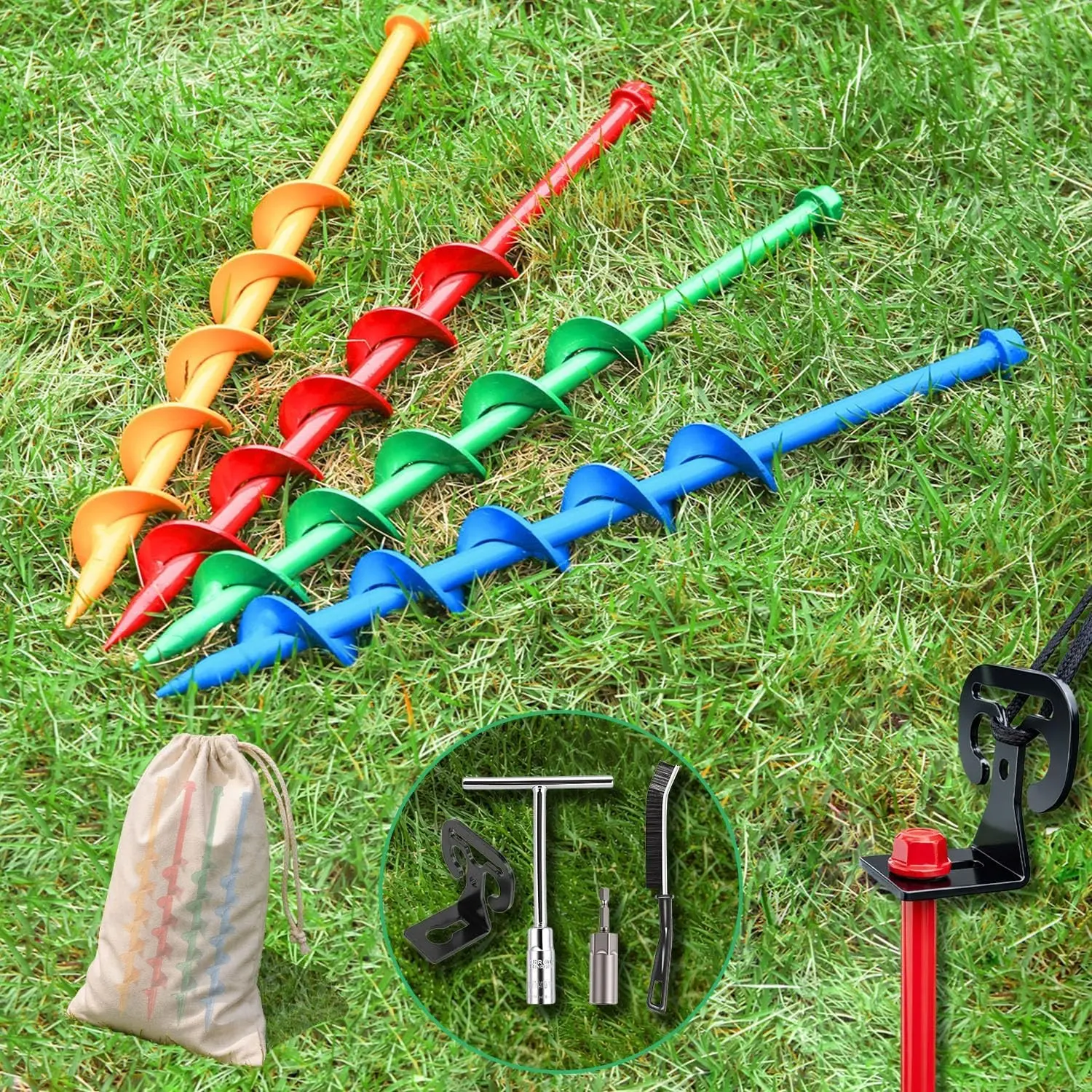 13" Heavy Duty Spiral Tent Stakes, 4 Pack Drill-In Ground Anchors 4-Color Outdoor Stakes for Camping, Canopy, Trampoline, with Multifunctional Hooks, Drill Socket, T-Handle, Brush & Canvas Bag
