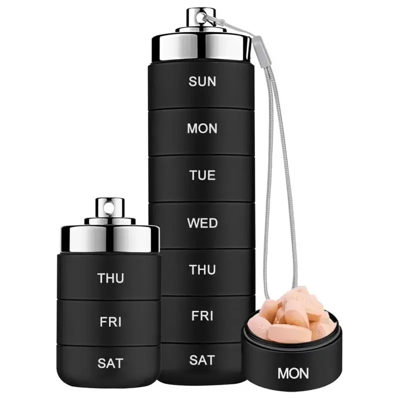 Metal Pill Organizer Weekly, 7 Day Stackable Aluminum Alloy Pill Box, Waterproof Travel Medicine Case with Daily Compartments for Vitamins, Fish Oil, Supplements & Portable Storage