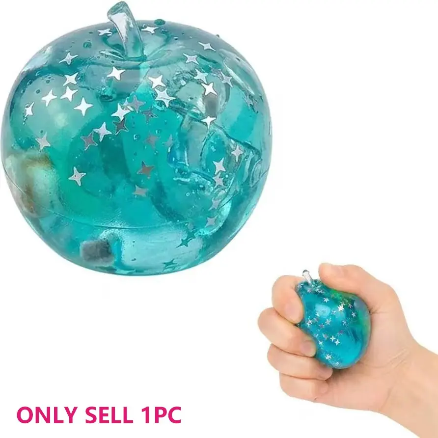Apple Squishy, Blue Ocean Island Style with Glitter, Slow-Return Apple Squishy for Desk Display, Translucent Blue with Star Sparkles