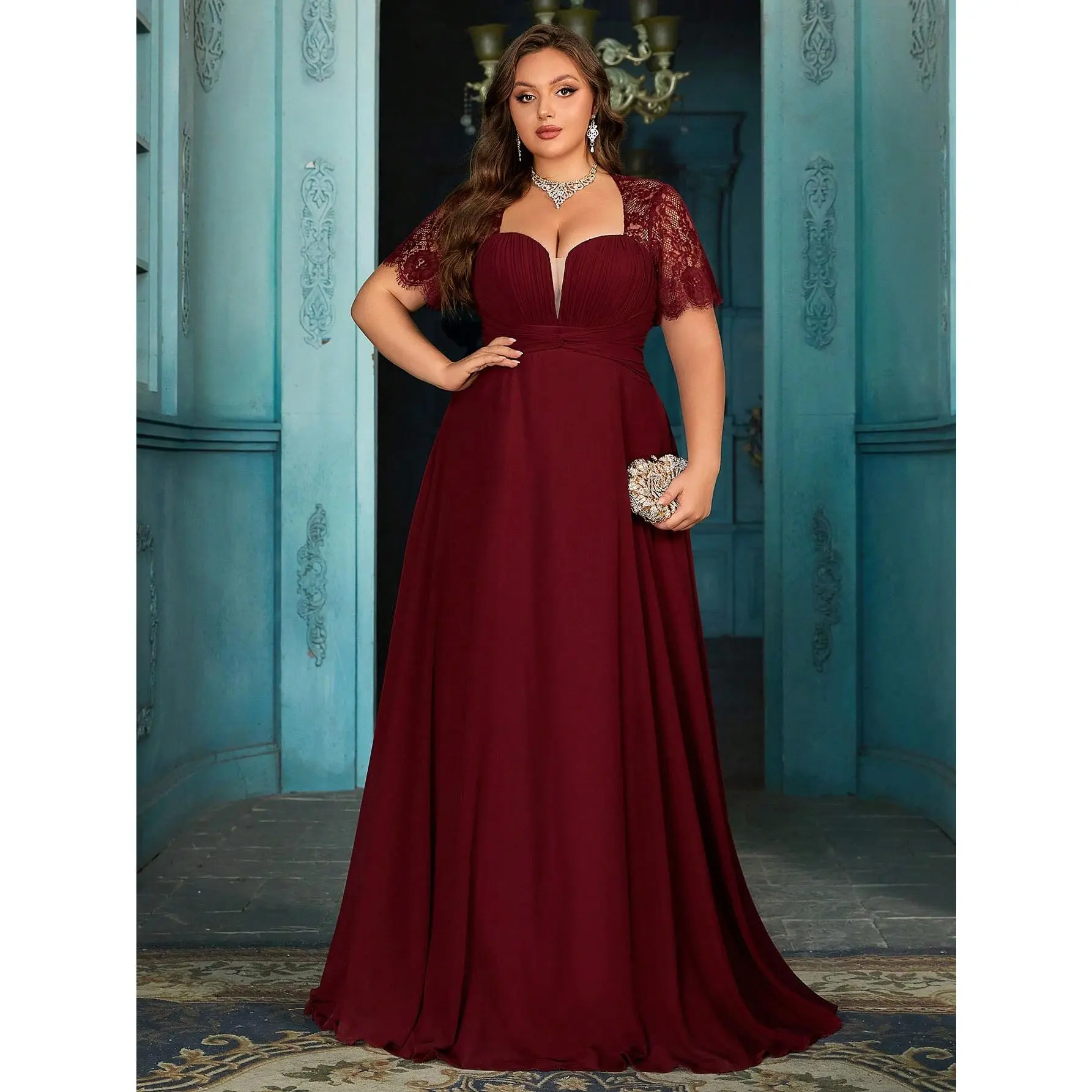 Women's Elegant Wine Red Lace Patchwork Short Sleeve Formal Maxi Dress, Plus Size Sweetheart Neck Evening Gown, Waist-Defining Chiffon Prom Party Dress, A-Line Hem Wedding Guest Dress Bridesmaid Dress, Birthday Dress, Red Carpet Outfit,Holiday Dress